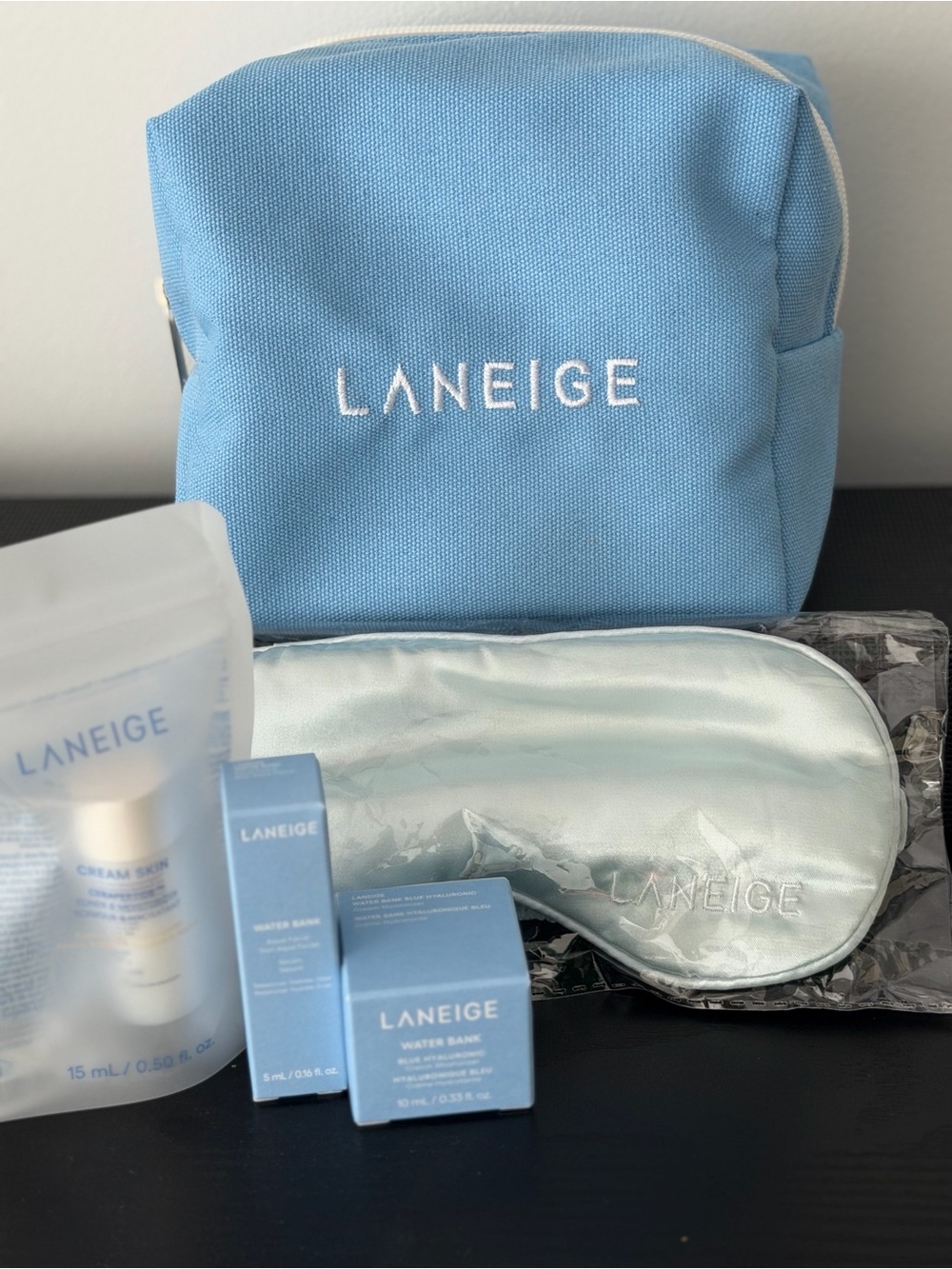 LANEIGE Light Blue Travel Hydration Kit with Pouch and Eye Mask
